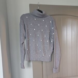 Gray Turtleneck Sweater with Pearl Accents